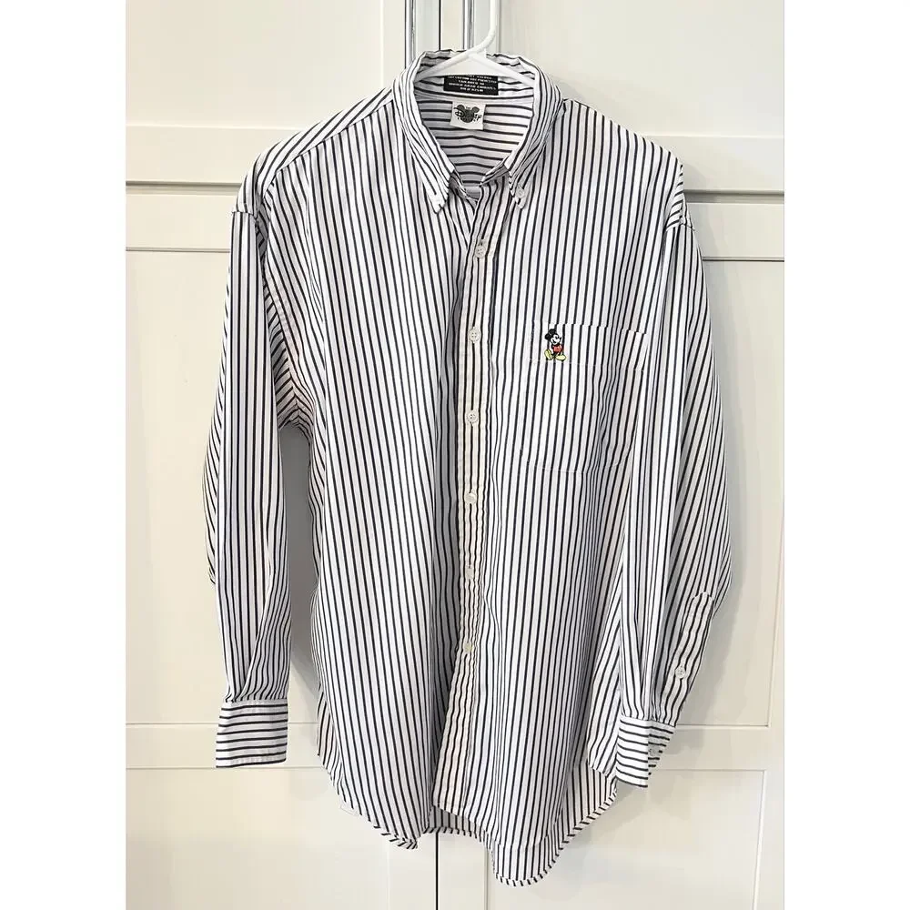 DISNEY CATALOG Men's Mickey Button Down Striped Dress Shirt XL Long Sleeve Blue